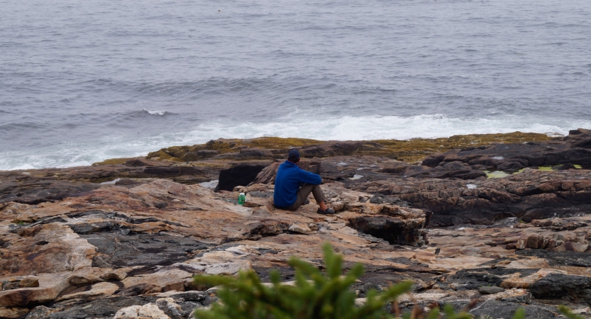 A person sits on a rocky shore looking out over the ocean. 